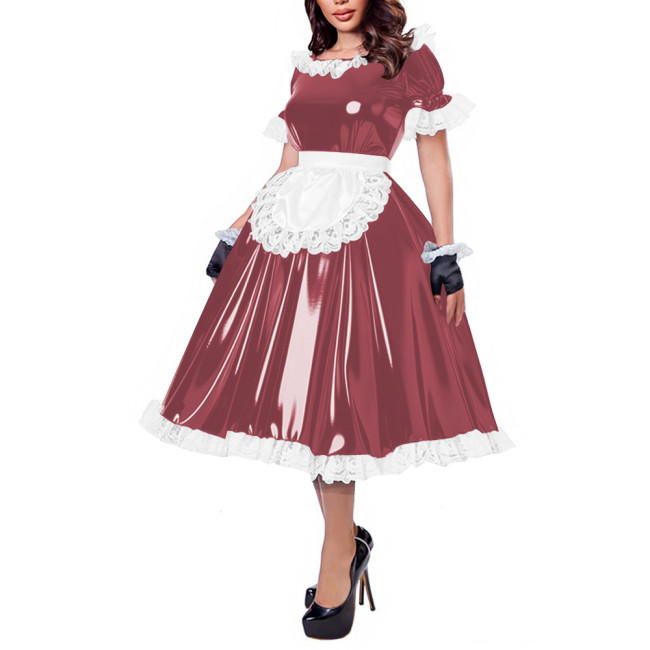 French Maid Lace Trim Glossy Midi Dress Sissy Puff Sleeve Apron Wet PVC Leather A-line Dress for Halloween Party Cosplay Outfits