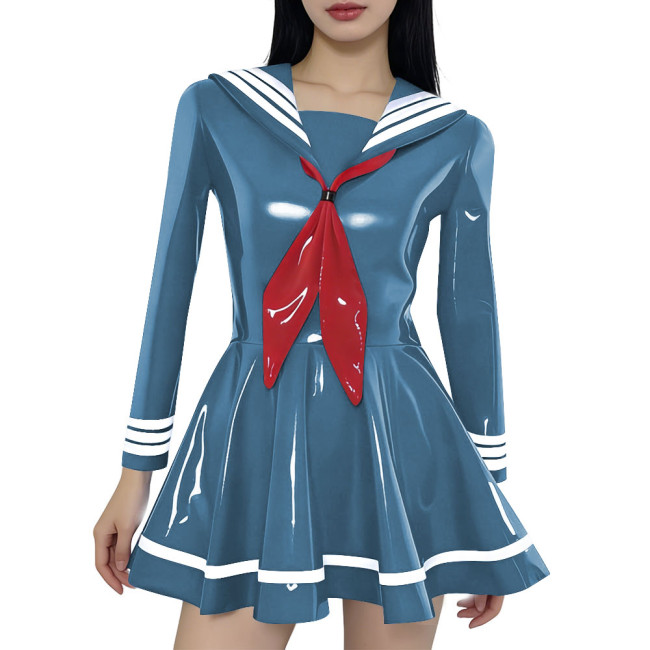 Preppy Style Shiny Sailor Collar Mini Dress Womens Long Sleeve Sweet Bow A-line Dress Vinyl PVC Leather Party Cosplay Dresses