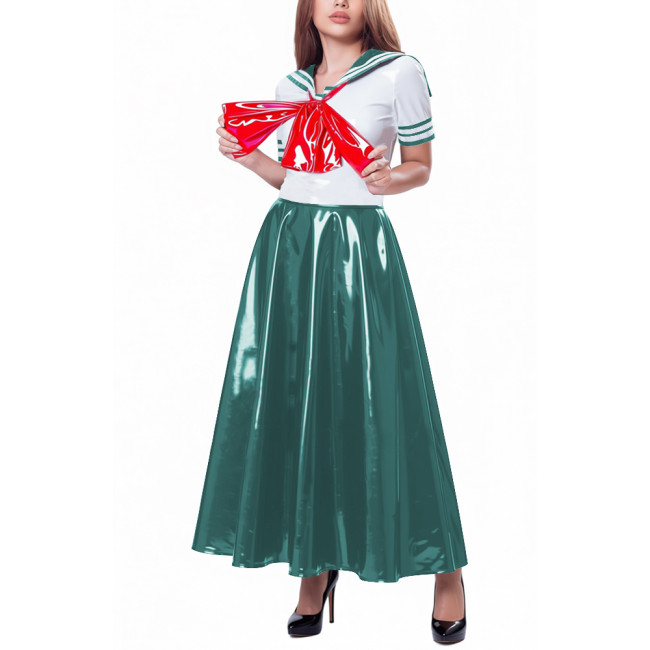 Womens Party Sailor Style Pleated Maxi Dress Vinyl PVC Leather Bow Patchwork A-line Dresses Sissy Shiny Anime Cosplay Costume