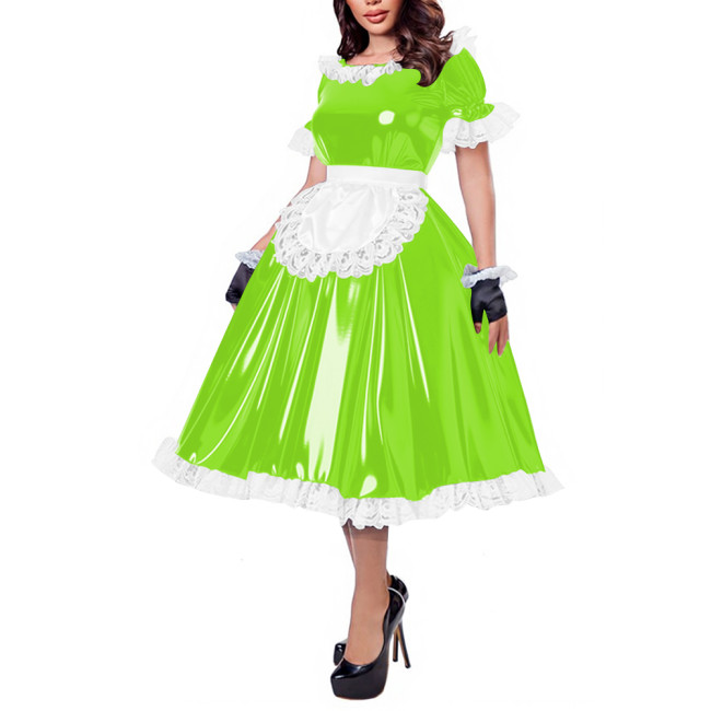 French Maid Lace Trim Glossy Midi Dress Sissy Puff Sleeve Apron Wet PVC Leather A-line Dress for Halloween Party Cosplay Outfits