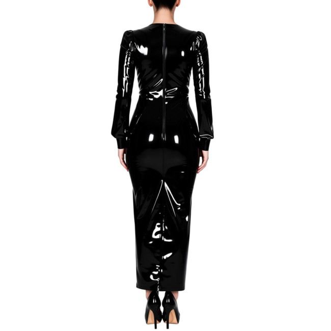 Shiny PVC Leather Solid Color Long Dress Office Ladies Long Sleeve V Neck Stretchy Bodycon Dress Womens Elegant Party Vestidos