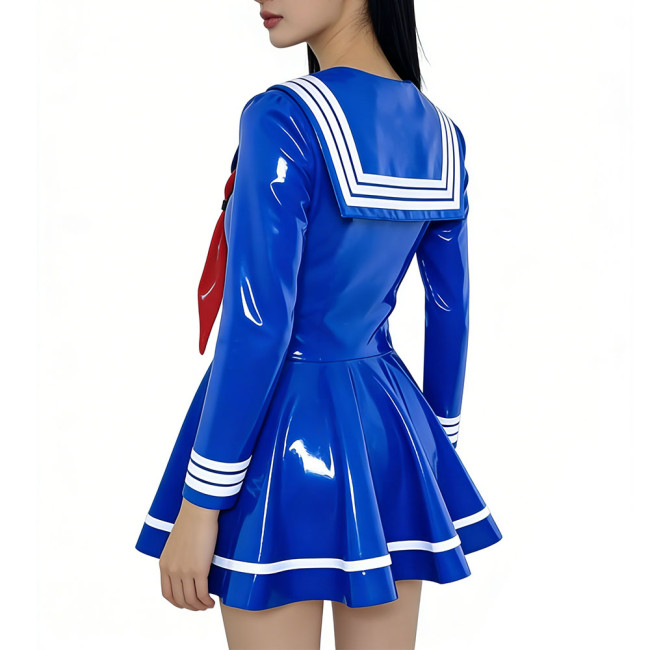 Preppy Style Shiny Sailor Collar Mini Dress Womens Long Sleeve Sweet Bow A-line Dress Vinyl PVC Leather Party Cosplay Dresses