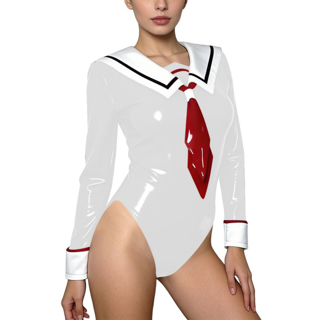 Sexy Themed Party Sailor Outfit Wetlook PVC Leather Long Sleeve Bodysuit with Necktie Cross Dresser Halloween Cosplay Costume
