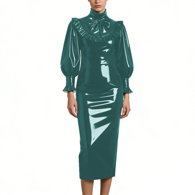 Cocktail Party Shiny PVC Leather Midi Dresses Lockable High Neck Long Sleeve Slim Fit Pencil Dress with Bow Vintage Gown Dress