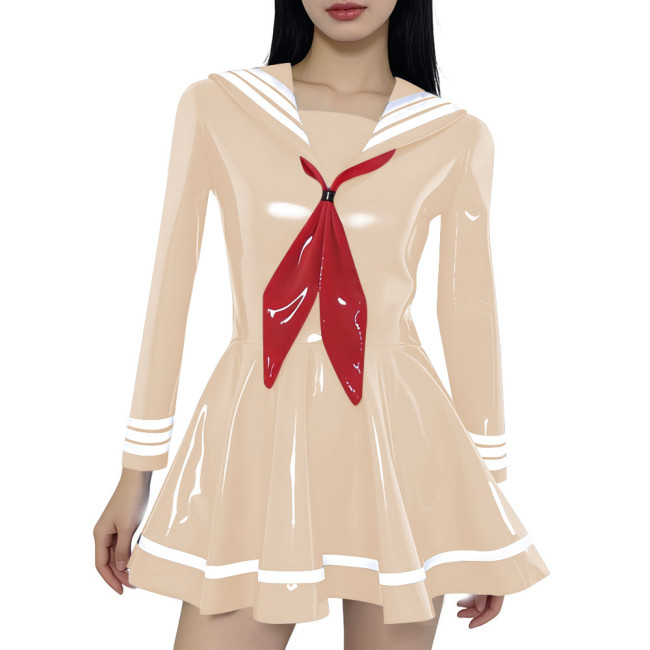 Preppy Style Shiny Sailor Collar Mini Dress Womens Long Sleeve Sweet Bow A-line Dress Vinyl PVC Leather Party Cosplay Dresses