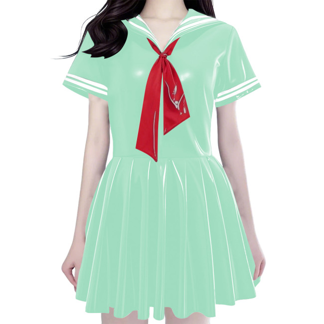 Women's Shiny PVC Mini Sailor Dress Sweet Schoolgirl Cosplay Costume with Red Necktie Wet Look Pleated Mini Dress for Party