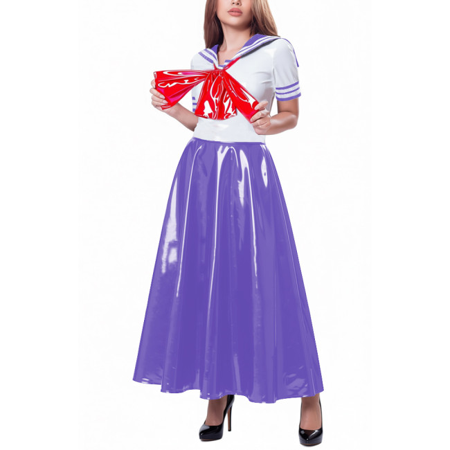 Womens Party Sailor Style Pleated Maxi Dress Vinyl PVC Leather Bow Patchwork A-line Dresses Sissy Shiny Anime Cosplay Costume