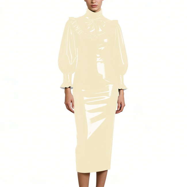 Cocktail Party Shiny PVC Leather Midi Dresses Lockable High Neck Long Sleeve Slim Fit Pencil Dress with Bow Vintage Gown Dress