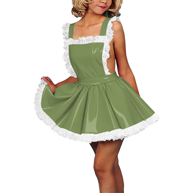 Lolita Style Sexy Backless PVC Shiny Mini Dress Women's High Waist Elegant Sling Mini Pleated SKirt Retro Sissy Cosplay Costume