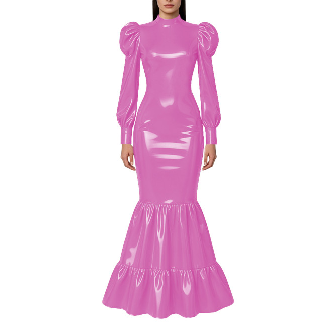 Elegant Lockable Long Mermaid Dresses Mock Neck Glossy PVC Leather Puff Sleeve Ruffled Hem Maxi Dress Gown for Party Evening