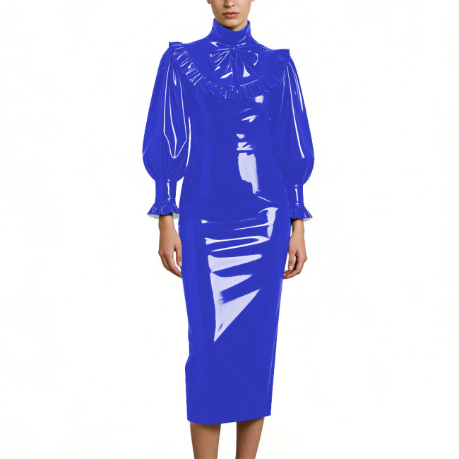 Cocktail Party Shiny PVC Leather Midi Dresses Lockable High Neck Long Sleeve Slim Fit Pencil Dress with Bow Vintage Gown Dress