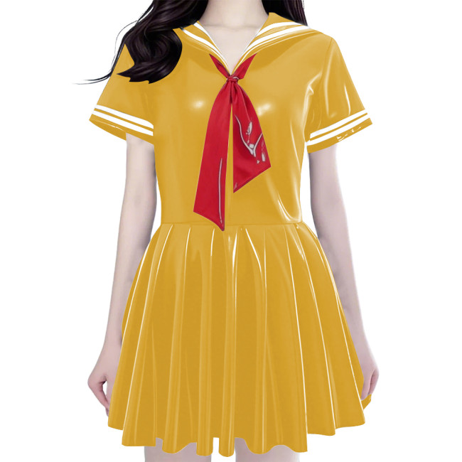 Women's Shiny PVC Mini Sailor Dress Sweet Schoolgirl Cosplay Costume with Red Necktie Wet Look Pleated Mini Dress for Party