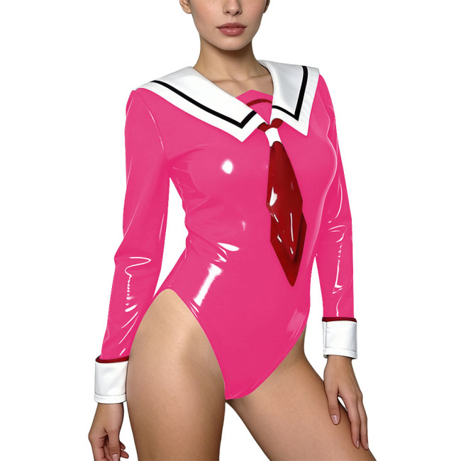 Sexy Themed Party Sailor Outfit Wetlook PVC Leather Long Sleeve Bodysuit with Necktie Cross Dresser Halloween Cosplay Costume