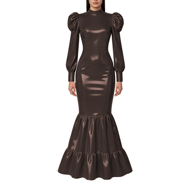 Elegant Lockable Long Mermaid Dresses Mock Neck Glossy PVC Leather Puff Sleeve Ruffled Hem Maxi Dress Gown for Party Evening