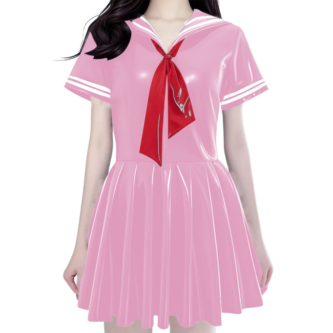 Women's Shiny PVC Mini Sailor Dress Sweet Schoolgirl Cosplay Costume with Red Necktie Wet Look Pleated Mini Dress for Party