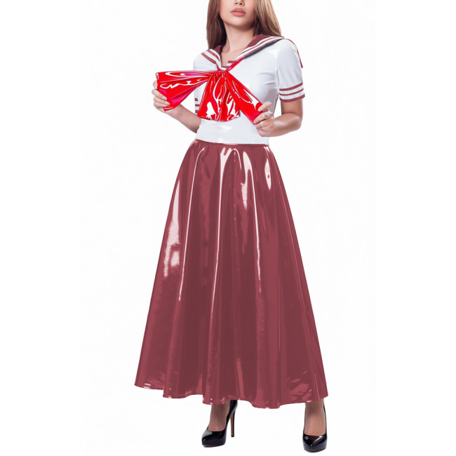 Womens Party Sailor Style Pleated Maxi Dress Vinyl PVC Leather Bow Patchwork A-line Dresses Sissy Shiny Anime Cosplay Costume