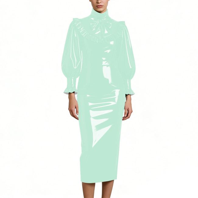 Cocktail Party Shiny PVC Leather Midi Dresses Lockable High Neck Long Sleeve Slim Fit Pencil Dress with Bow Vintage Gown Dress