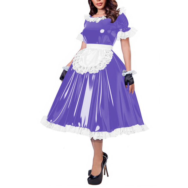 French Maid Lace Trim Glossy Midi Dress Sissy Puff Sleeve Apron Wet PVC Leather A-line Dress for Halloween Party Cosplay Outfits