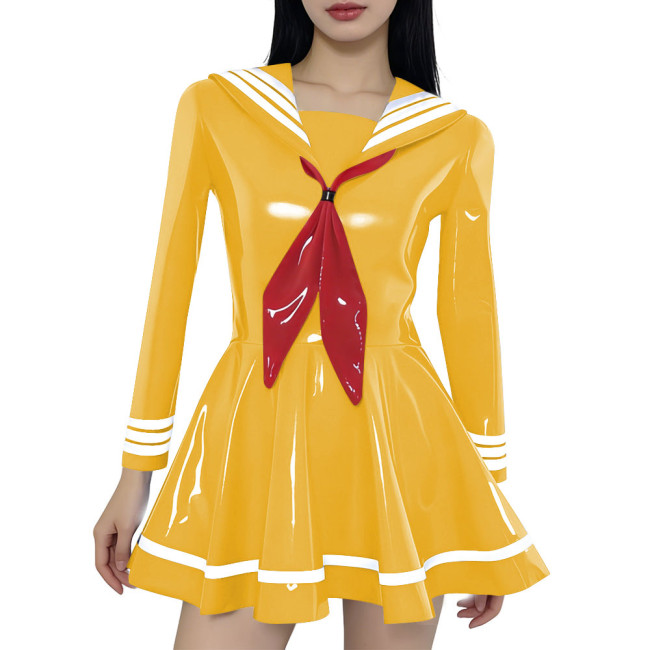 Preppy Style Shiny Sailor Collar Mini Dress Womens Long Sleeve Sweet Bow A-line Dress Vinyl PVC Leather Party Cosplay Dresses