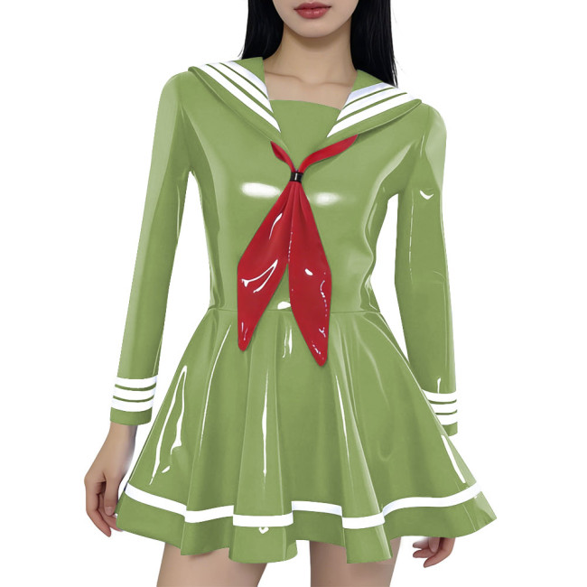 Preppy Style Shiny Sailor Collar Mini Dress Womens Long Sleeve Sweet Bow A-line Dress Vinyl PVC Leather Party Cosplay Dresses