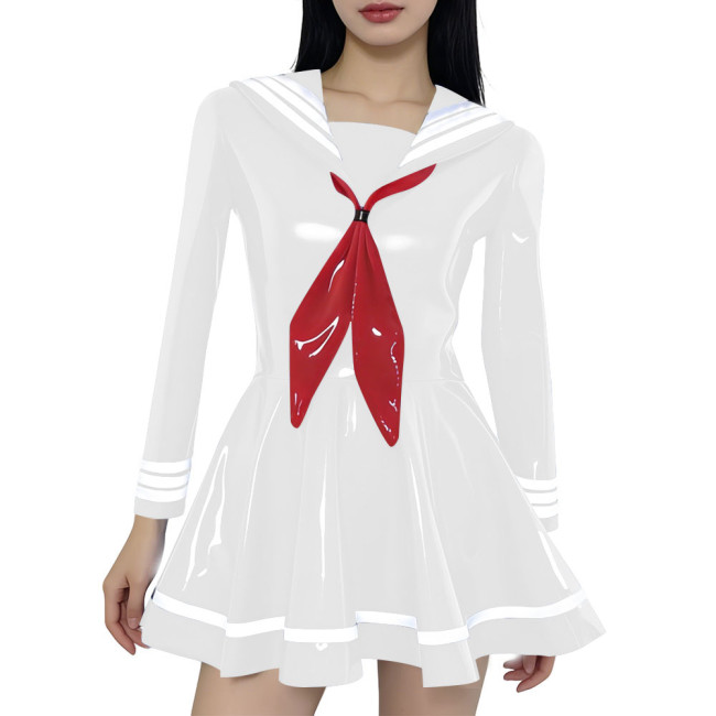 Preppy Style Shiny Sailor Collar Mini Dress Womens Long Sleeve Sweet Bow A-line Dress Vinyl PVC Leather Party Cosplay Dresses