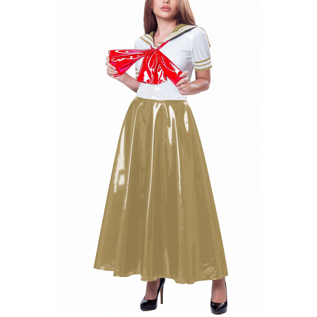 Womens Party Sailor Style Pleated Maxi Dress Vinyl PVC Leather Bow Patchwork A-line Dresses Sissy Shiny Anime Cosplay Costume