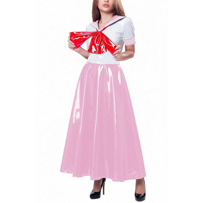 Womens Party Sailor Style Pleated Maxi Dress Vinyl PVC Leather Bow Patchwork A-line Dresses Sissy Shiny Anime Cosplay Costume