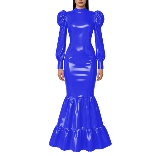 Elegant Lockable Long Mermaid Dresses Mock Neck Glossy PVC Leather Puff Sleeve Ruffled Hem Maxi Dress Gown for Party Evening