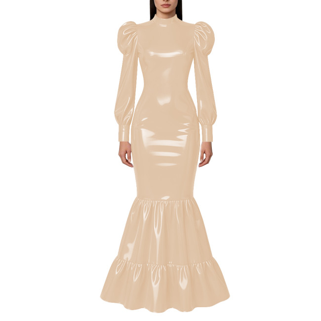 Elegant Lockable Long Mermaid Dresses Mock Neck Glossy PVC Leather Puff Sleeve Ruffled Hem Maxi Dress Gown for Party Evening