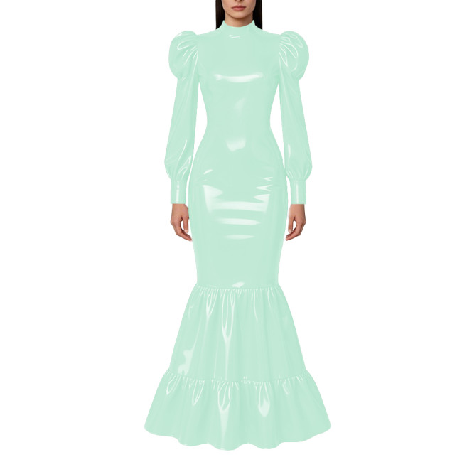 Elegant Lockable Long Mermaid Dresses Mock Neck Glossy PVC Leather Puff Sleeve Ruffled Hem Maxi Dress Gown for Party Evening