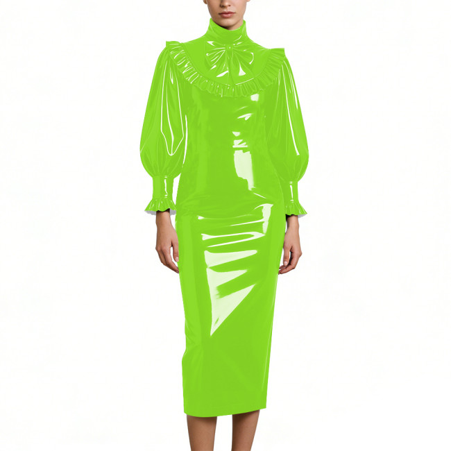 Cocktail Party Shiny PVC Leather Midi Dresses Lockable High Neck Long Sleeve Slim Fit Pencil Dress with Bow Vintage Gown Dress