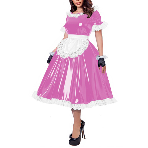 French Maid Lace Trim Glossy Midi Dress Sissy Puff Sleeve Apron Wet PVC Leather A-line Dress for Halloween Party Cosplay Outfits