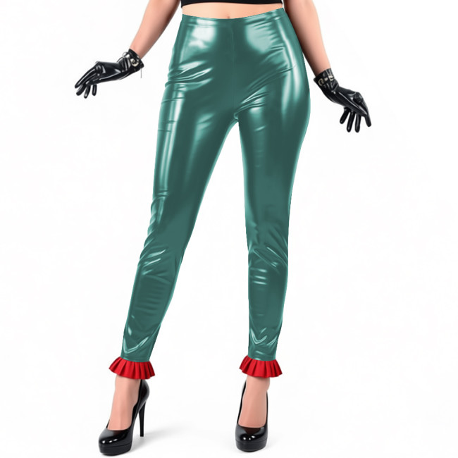 Women's Glossy PVC Leather Leggings with Ruffles Hem High Waist Stretchy Skinny Pants Wetlook Zippers Pencil Pant Party Clubwear