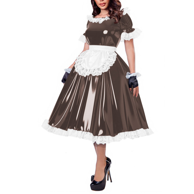 French Maid Lace Trim Glossy Midi Dress Sissy Puff Sleeve Apron Wet PVC Leather A-line Dress for Halloween Party Cosplay Outfits