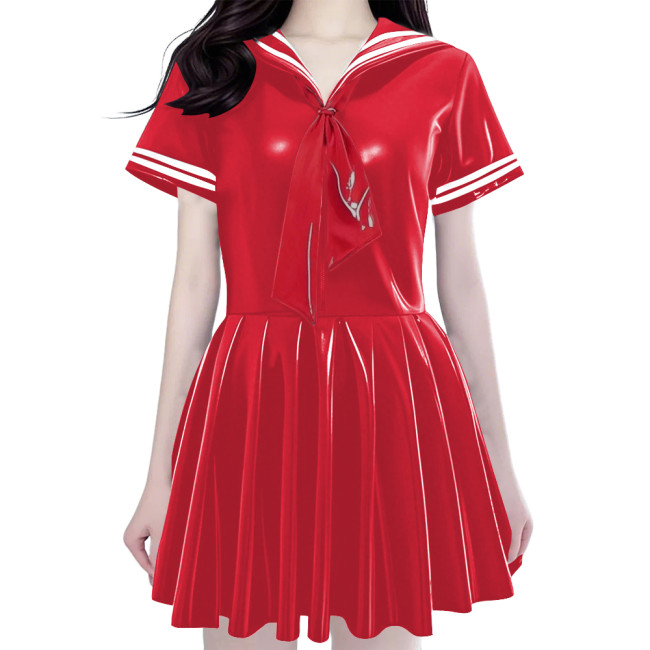 Women's Shiny PVC Mini Sailor Dress Sweet Schoolgirl Cosplay Costume with Red Necktie Wet Look Pleated Mini Dress for Party