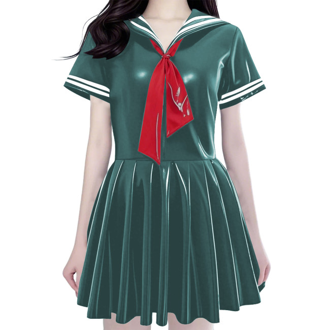 Women's Shiny PVC Mini Sailor Dress Sweet Schoolgirl Cosplay Costume with Red Necktie Wet Look Pleated Mini Dress for Party