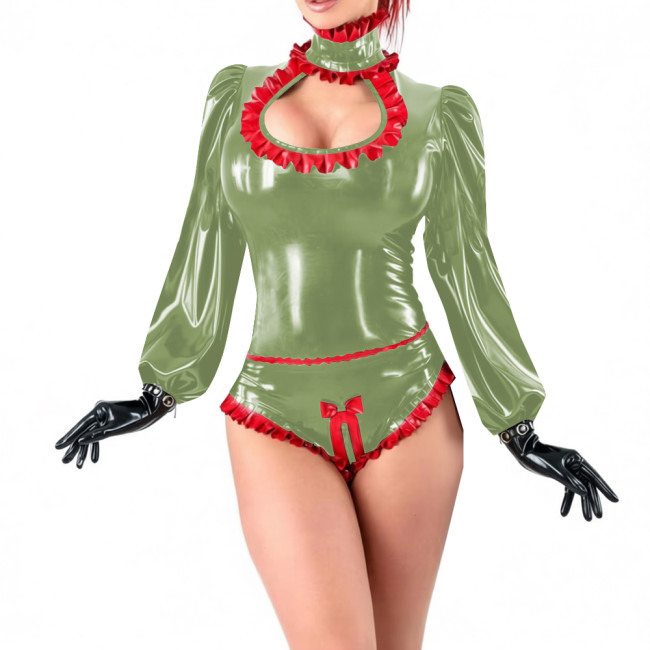 Party Sexy Hollow Out Shiny PVC Bodysuit Lockable Long Sleeve High Cut Wetlook Rompers Sissy Zipper Open Crotch High Cut Catsuit