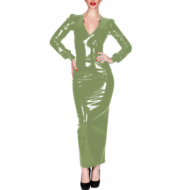 Shiny PVC Leather Solid Color Long Dress Office Ladies Long Sleeve V Neck Stretchy Bodycon Dress Womens Elegant Party Vestidos