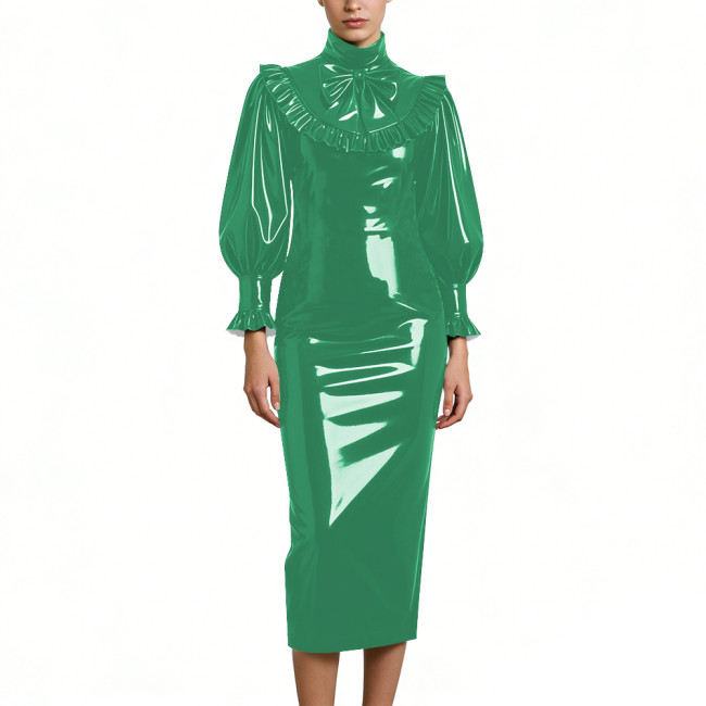 Cocktail Party Shiny PVC Leather Midi Dresses Lockable High Neck Long Sleeve Slim Fit Pencil Dress with Bow Vintage Gown Dress