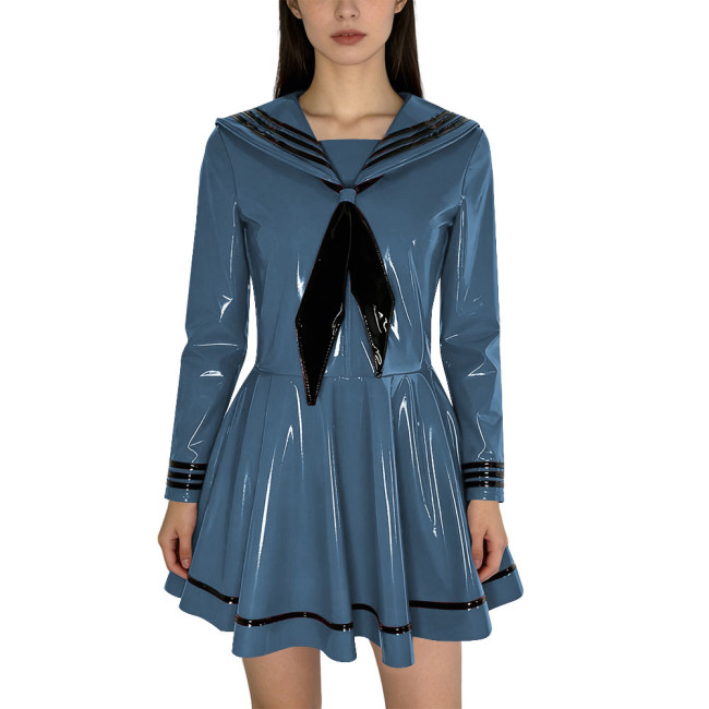 Fashion Shiny PVC Leather Sailor Dress Halloween Themed Party Cosplay Outfit Long Sleeves Pleated Mini Dress with Black Necktie