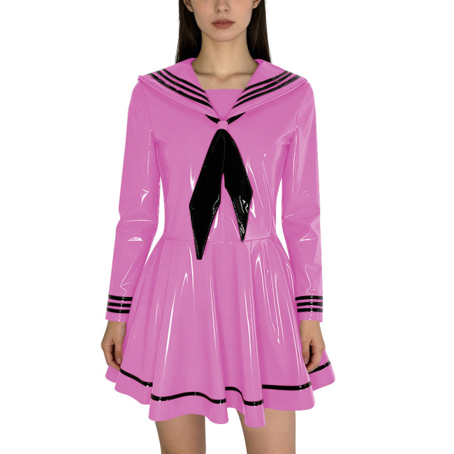 Fashion Shiny PVC Leather Sailor Dress Halloween Themed Party Cosplay Outfit Long Sleeves Pleated Mini Dress with Black Necktie