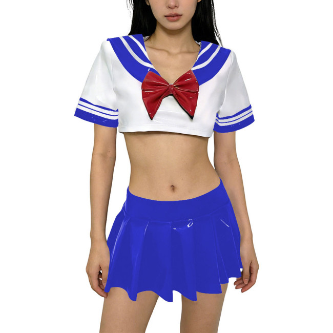 Shiny Anime JK Uniform PVC Leather Dress Sets Sailor Collar Short Sleeve Crop Top with Mini Pleated Skirt Preppy Style Outfits