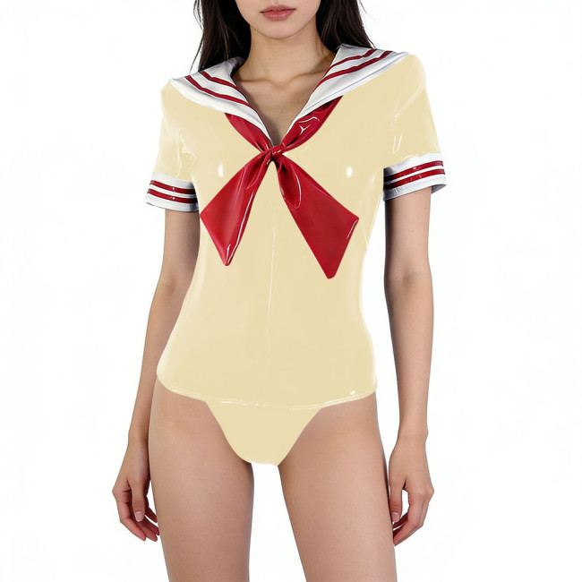 Fashionable Sailor Collar Tie Short-sleeved Bodysuit Tops Glossy PVC Leather Party Cosplay Romper Halloween Role Play Jk Uniform