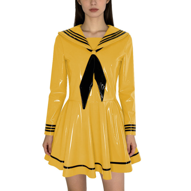 Fashion Shiny PVC Leather Sailor Dress Halloween Themed Party Cosplay Outfit Long Sleeves Pleated Mini Dress with Black Necktie