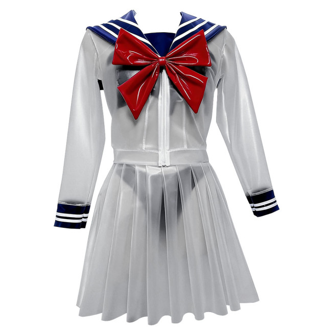 Fetish Plastic Clear PVC Sailor Uniform with Bow Classic Long Sleeve Top with Pleated Mini Skirt Anime Club Cosplay Costume 7XL