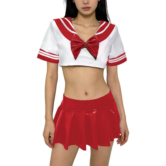 Shiny Anime JK Uniform PVC Leather Dress Sets Sailor Collar Short Sleeve Crop Top with Mini Pleated Skirt Preppy Style Outfits