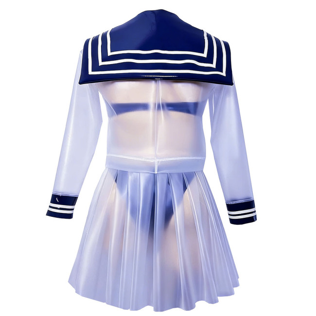 Fetish Plastic Clear PVC Sailor Uniform with Bow Classic Long Sleeve Top with Pleated Mini Skirt Anime Club Cosplay Costume 7XL
