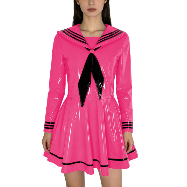 Fashion Shiny PVC Leather Sailor Dress Halloween Themed Party Cosplay Outfit Long Sleeves Pleated Mini Dress with Black Necktie
