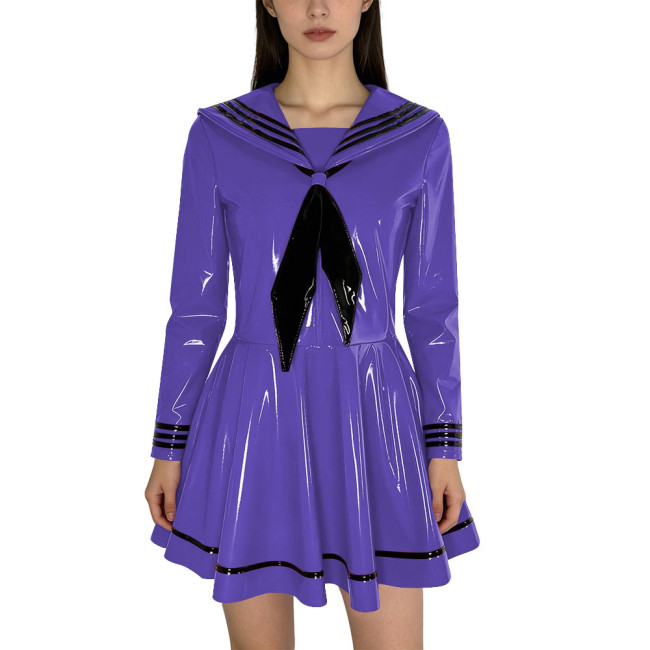 Fashion Shiny PVC Leather Sailor Dress Halloween Themed Party Cosplay Outfit Long Sleeves Pleated Mini Dress with Black Necktie