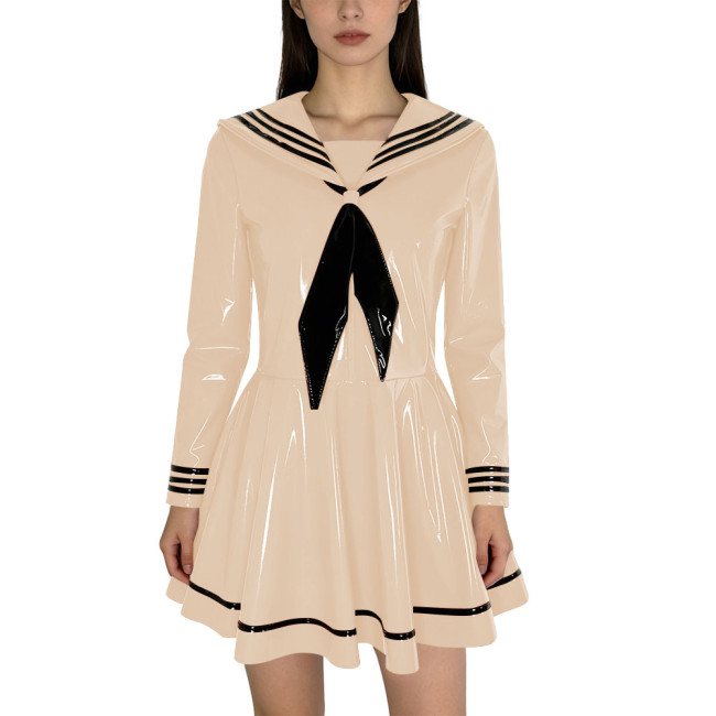 Fashion Shiny PVC Leather Sailor Dress Halloween Themed Party Cosplay Outfit Long Sleeves Pleated Mini Dress with Black Necktie